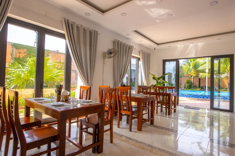 Breakfast tables and pool view
