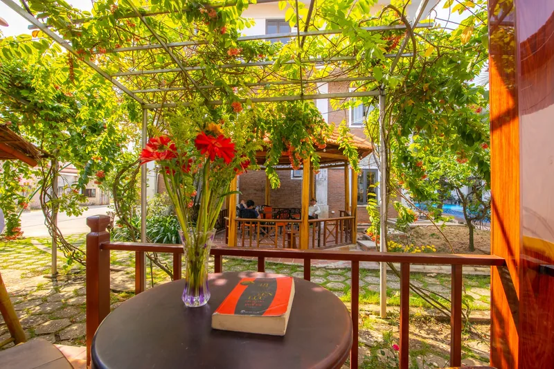 Terrace table under the vines looking into the garden